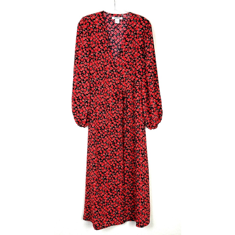 Glamorous Maxi Wrap Dress Size 4 Orange Black Floral Rose Balloon Sleeve